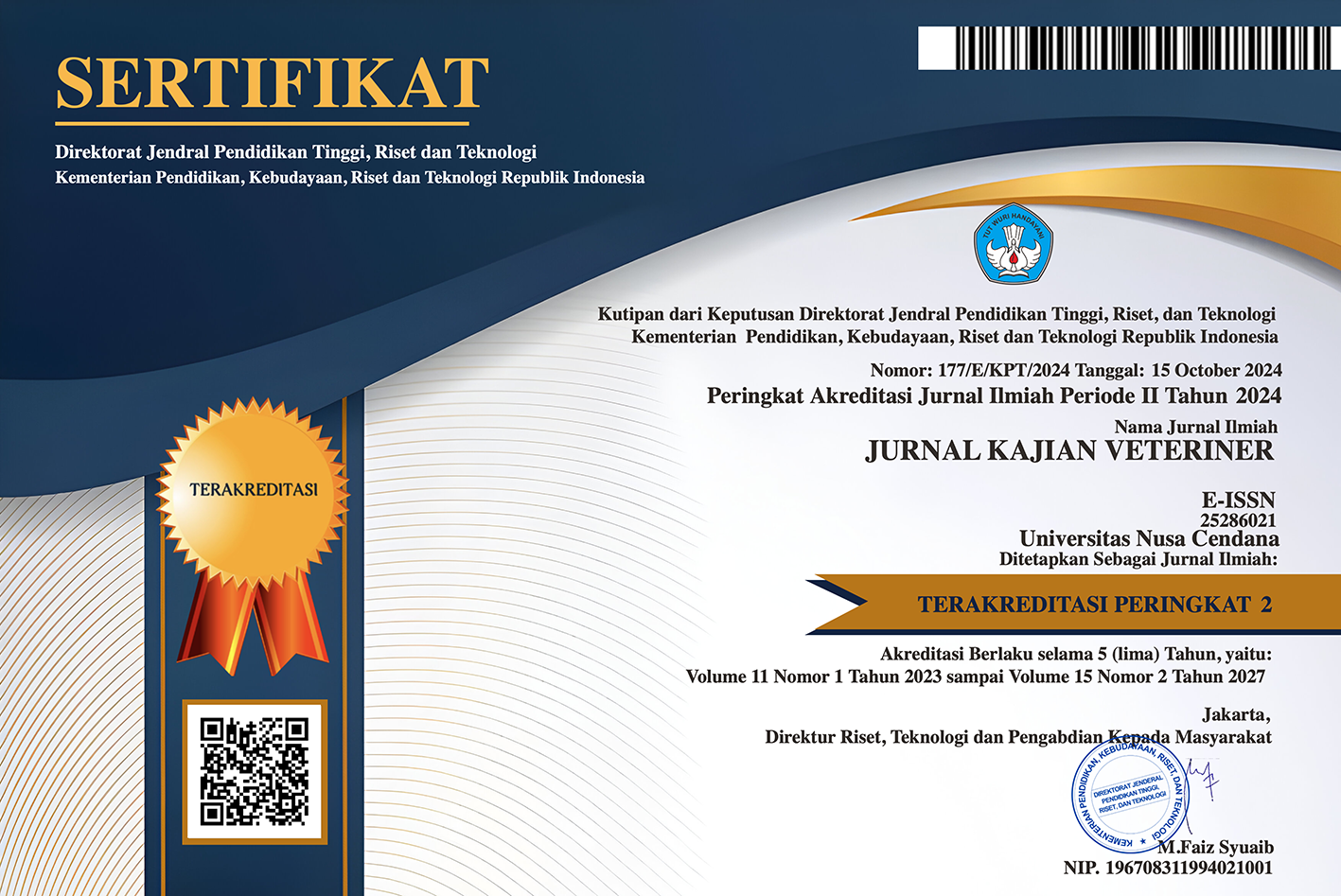 Sertifikat SINTA 2 Jurnal Kajian Veteriner